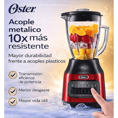 Licuadora Oster 1.5L 800W Vaso de Vidrio 6 Velocidades + Pulso BLSTPEG-CPB Roja