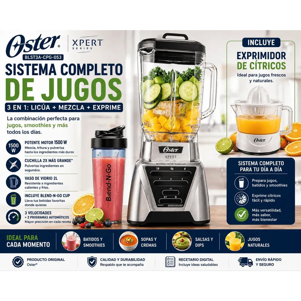 Licuadora Oster 1500W Vaso Vidrio 2L + Exprimidor + Blend N Go Sistema Completo de Jugos 3 en 1