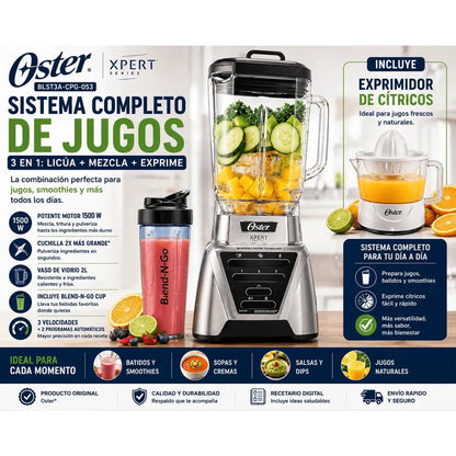 Licuadora Oster 1500W Vaso Vidrio 2L + Exprimidor + Blend N Go Sistema Completo de Jugos 3 en 1