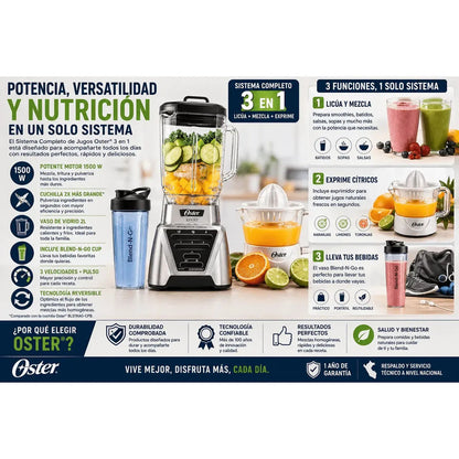 Licuadora Oster 1500W Vaso Vidrio 2L + Exprimidor + Blend N Go Sistema Completo de Jugos 3 en 1