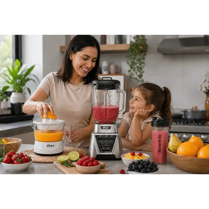 Licuadora Oster 1500W Vaso Vidrio 2L + Exprimidor + Blend N Go Sistema Completo de Jugos 3 en 1