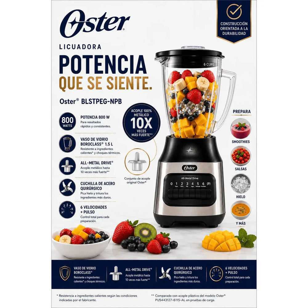 Licuadora Oster 800 W con Vaso de Vidrio 1.5 L, 6 Velocidades + Pulso BLSTPEG-NPB