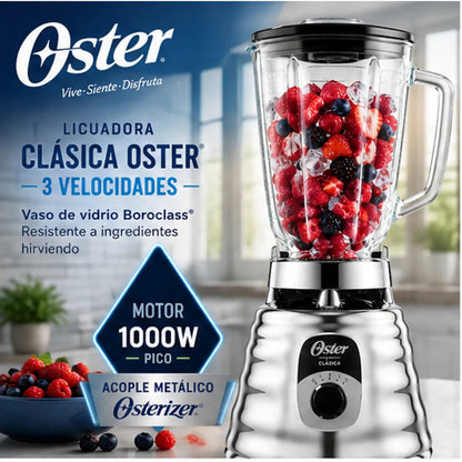 Licuadora Oster Clásica BLST4655 Cromada 3 Velocidades Vaso de Vidrio Boroclass 1.25L 1000W