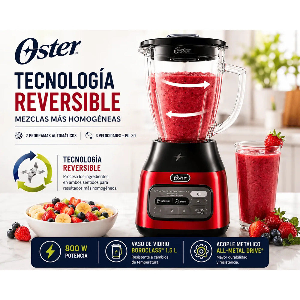 Licuadora Oster BLSTPEG CRT Tecnología Reversible 800W Vaso de Vidrio 1.5L 3 Velocidades Rojo