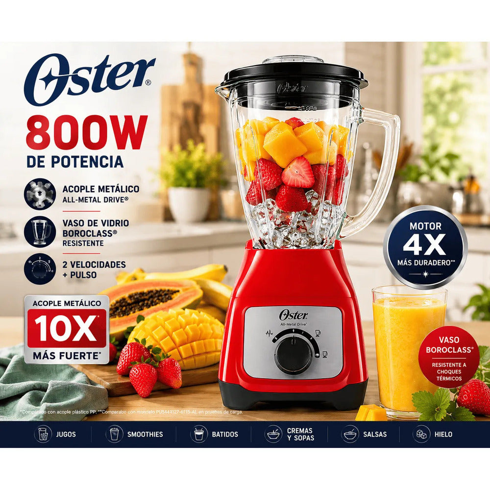 Licuadora Oster BLSTKAG-RRD 800W Vaso de Vidrio 1.5L Acople Metálico All-Metal Drive Roja