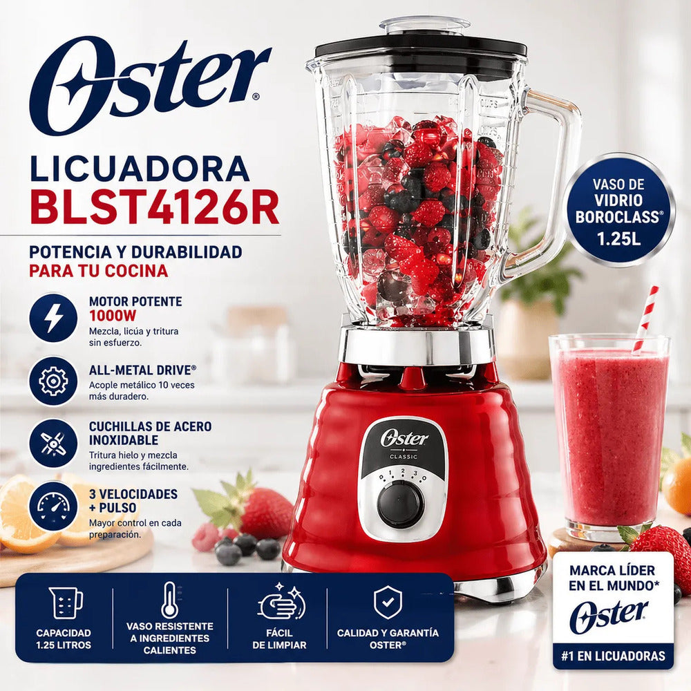 Licuadora Oster BLST4126R 1.25L 3 Velocidades Vaso de Vidrio Boroclass 1000W Roja