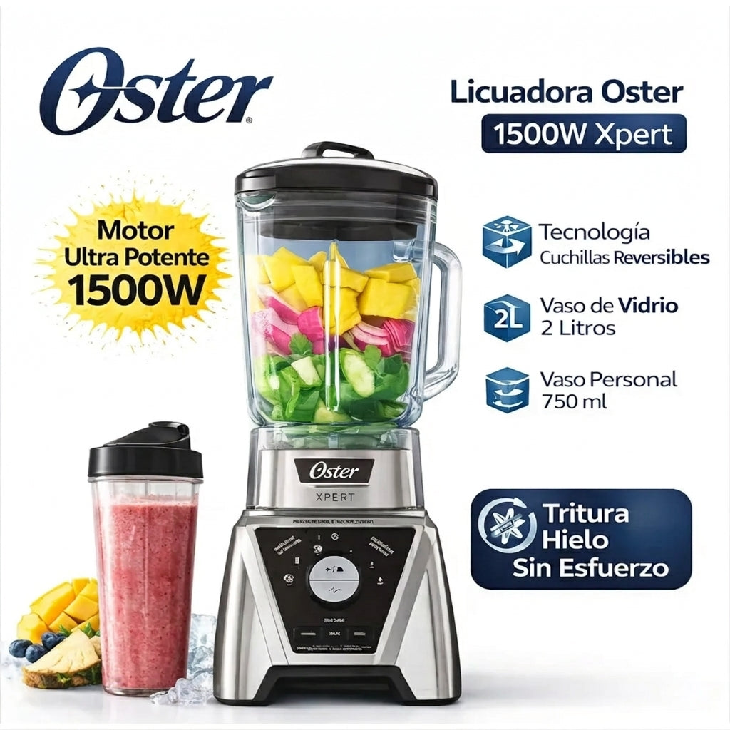 Licuadora Oster Xpert 1500W Tecnología Reversible Vaso Vidrio 2L + Blend N Go 750ml BLST3B-CPG