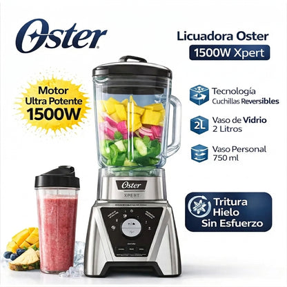 Licuadora Oster Xpert 1500W Tecnología Reversible Vaso Vidrio 2L + Blend N Go 750ml BLST3B-CPG