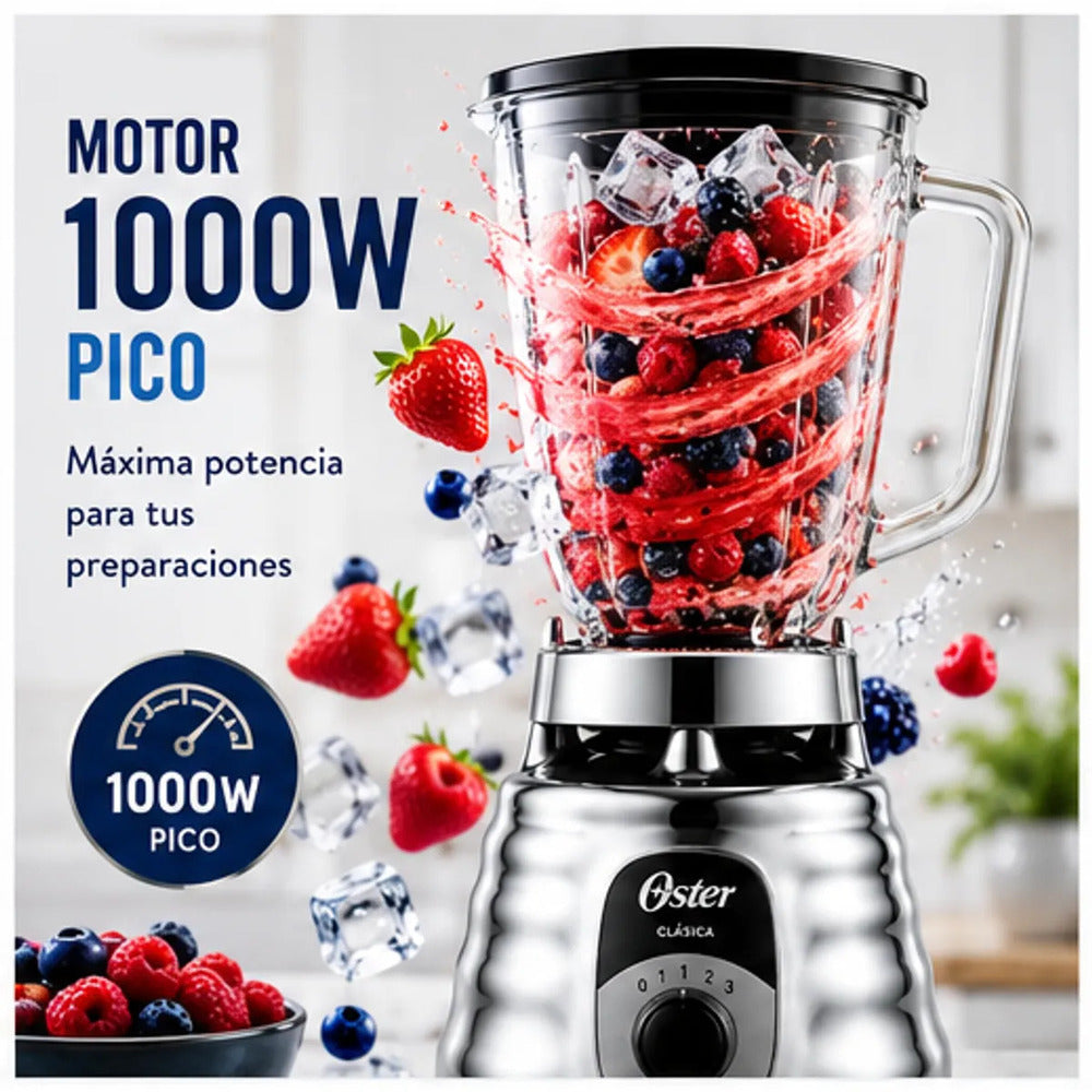 Licuadora Oster Clásica BLST4655 Cromada 3 Velocidades Vaso de Vidrio Boroclass 1.25L 1000W
