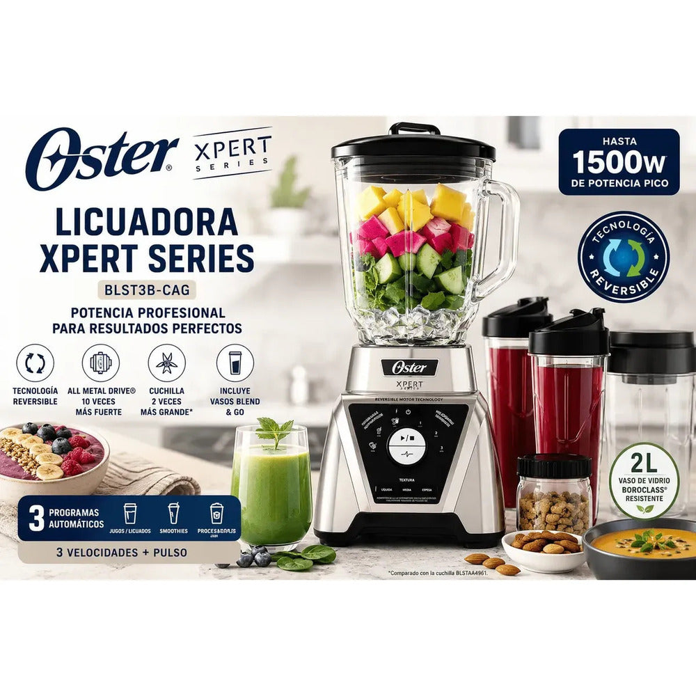 Licuadora Oster Xpert Series BLST3B-CAG 1500W Reversible con Control de Textura + Vasos Blend N Go