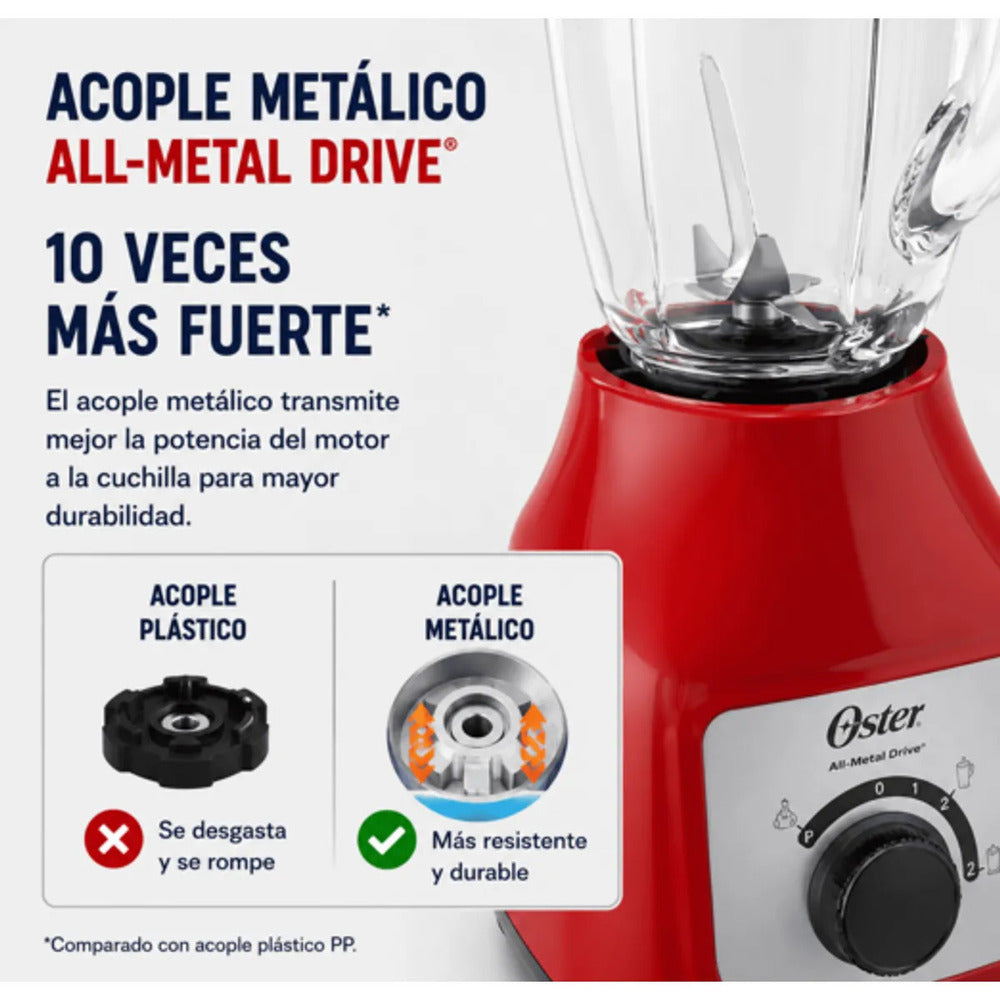 Licuadora Oster BLSTKAG-RRD 800W Vaso de Vidrio 1.5L Acople Metálico All-Metal Drive Roja