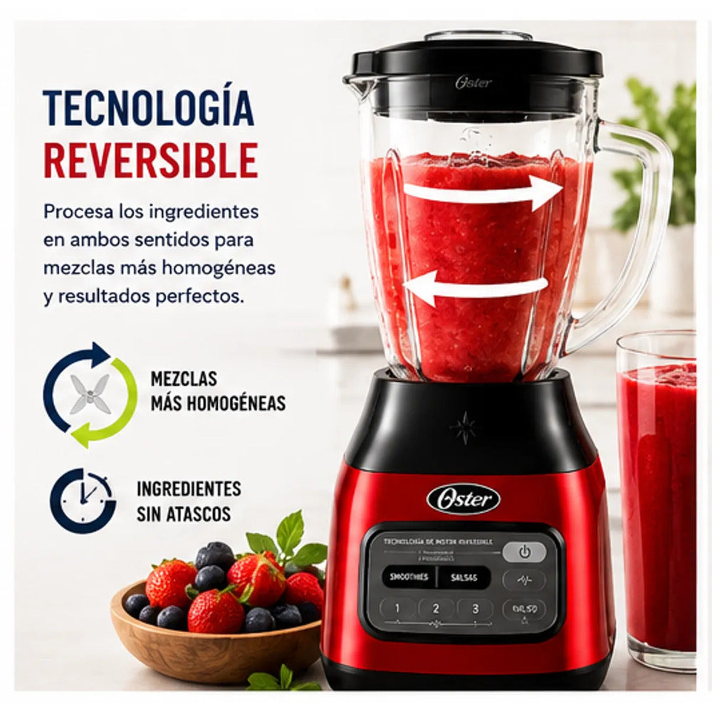 Licuadora Oster BLSTPEG CRT Tecnología Reversible 800W Vaso de Vidrio 1.5L 3 Velocidades Rojo
