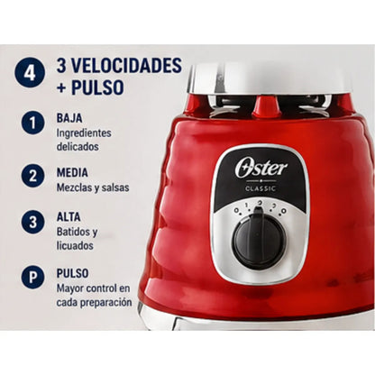 Licuadora Oster BLST4126R 1.25L 3 Velocidades Vaso de Vidrio Boroclass 1000W Roja