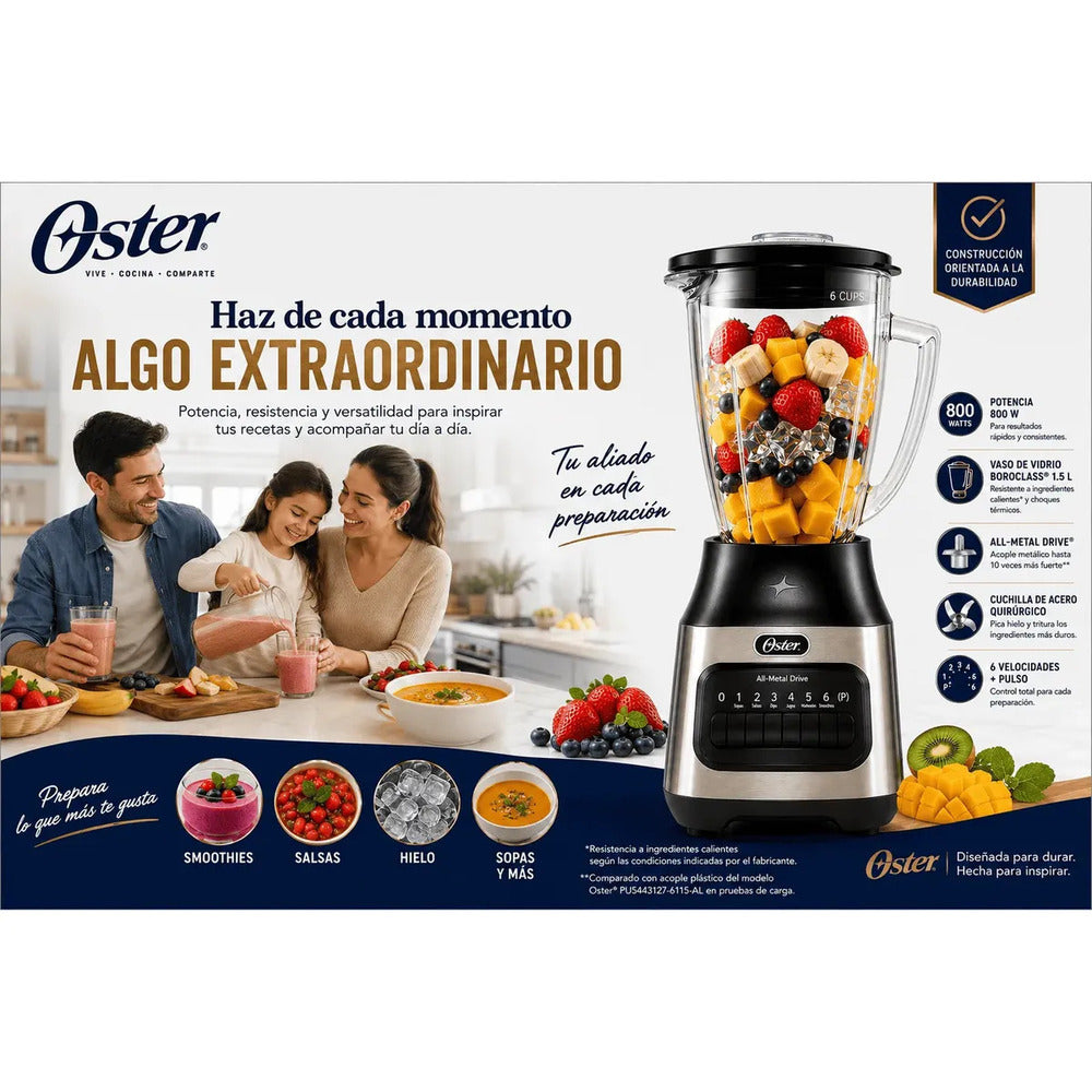 Licuadora Oster 800 W con Vaso de Vidrio 1.5 L, 6 Velocidades + Pulso BLSTPEG-NPB