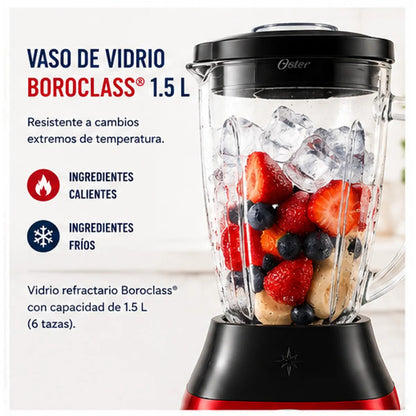 Licuadora Oster BLSTPEG CRT Tecnología Reversible 800W Vaso de Vidrio 1.5L 3 Velocidades Rojo