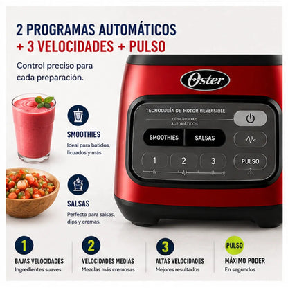 Licuadora Oster BLSTPEG CRT Tecnología Reversible 800W Vaso de Vidrio 1.5L 3 Velocidades Rojo