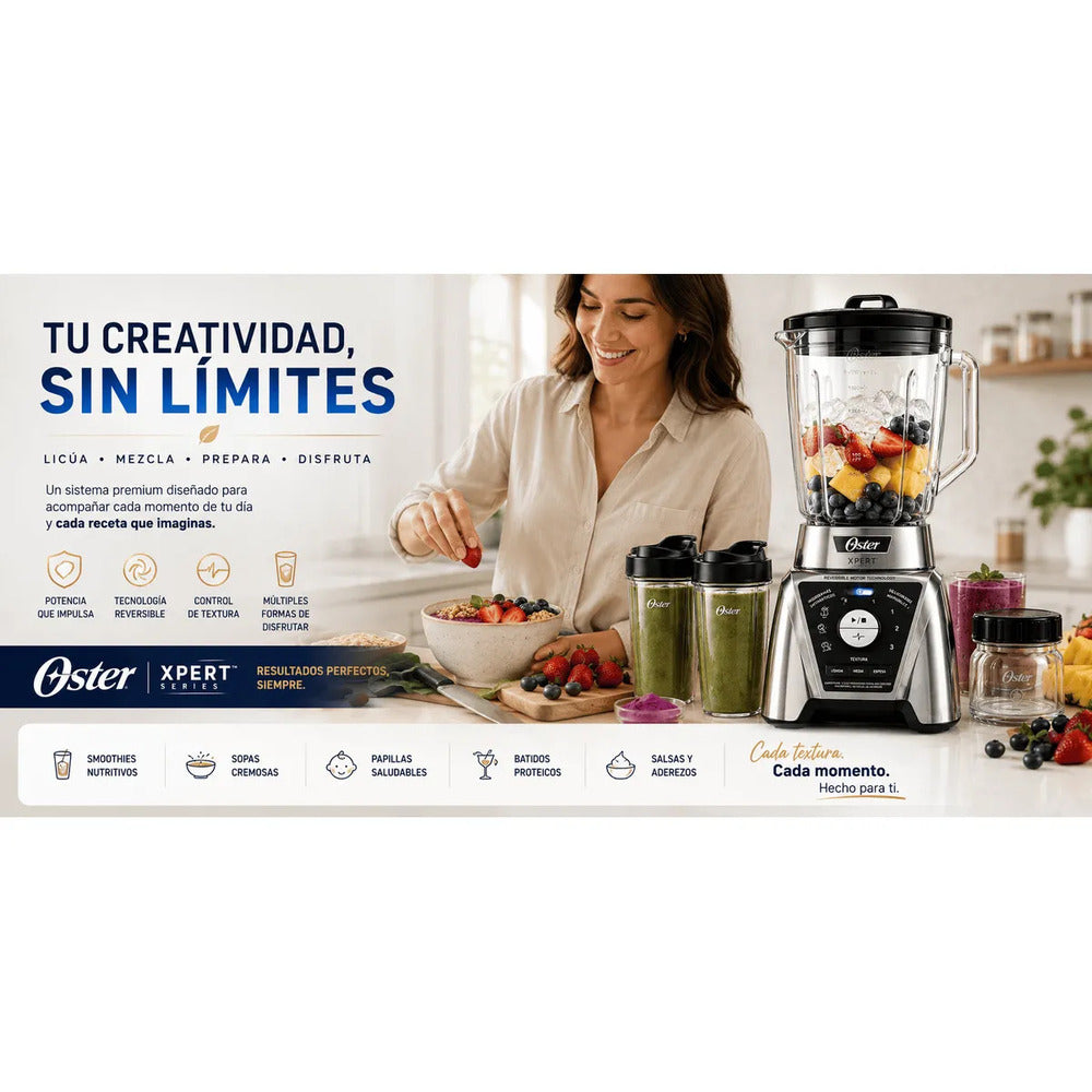 Licuadora Oster Xpert Series BLST3B-CAG 1500W Reversible con Control de Textura + Vasos Blend N Go