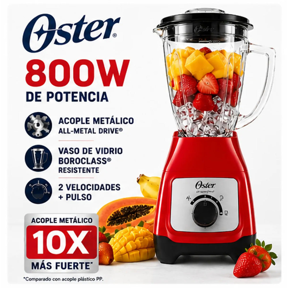 Licuadora Oster BLSTKAG-RRD 800W Vaso de Vidrio 1.5L Acople Metálico All-Metal Drive Roja