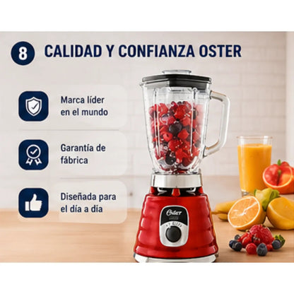 Licuadora Oster BLST4126R 1.25L 3 Velocidades Vaso de Vidrio Boroclass 1000W Roja