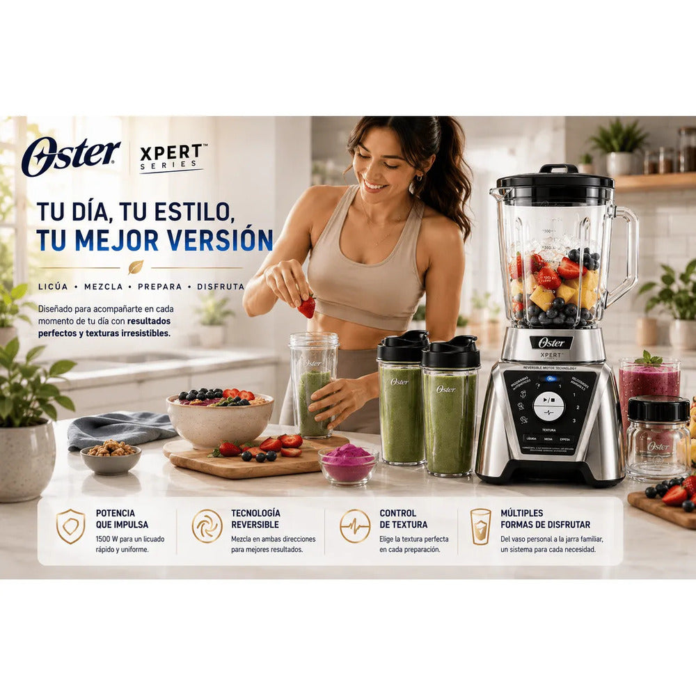 Licuadora Oster Xpert Series BLST3B-CAG 1500W Reversible con Control de Textura + Vasos Blend N Go