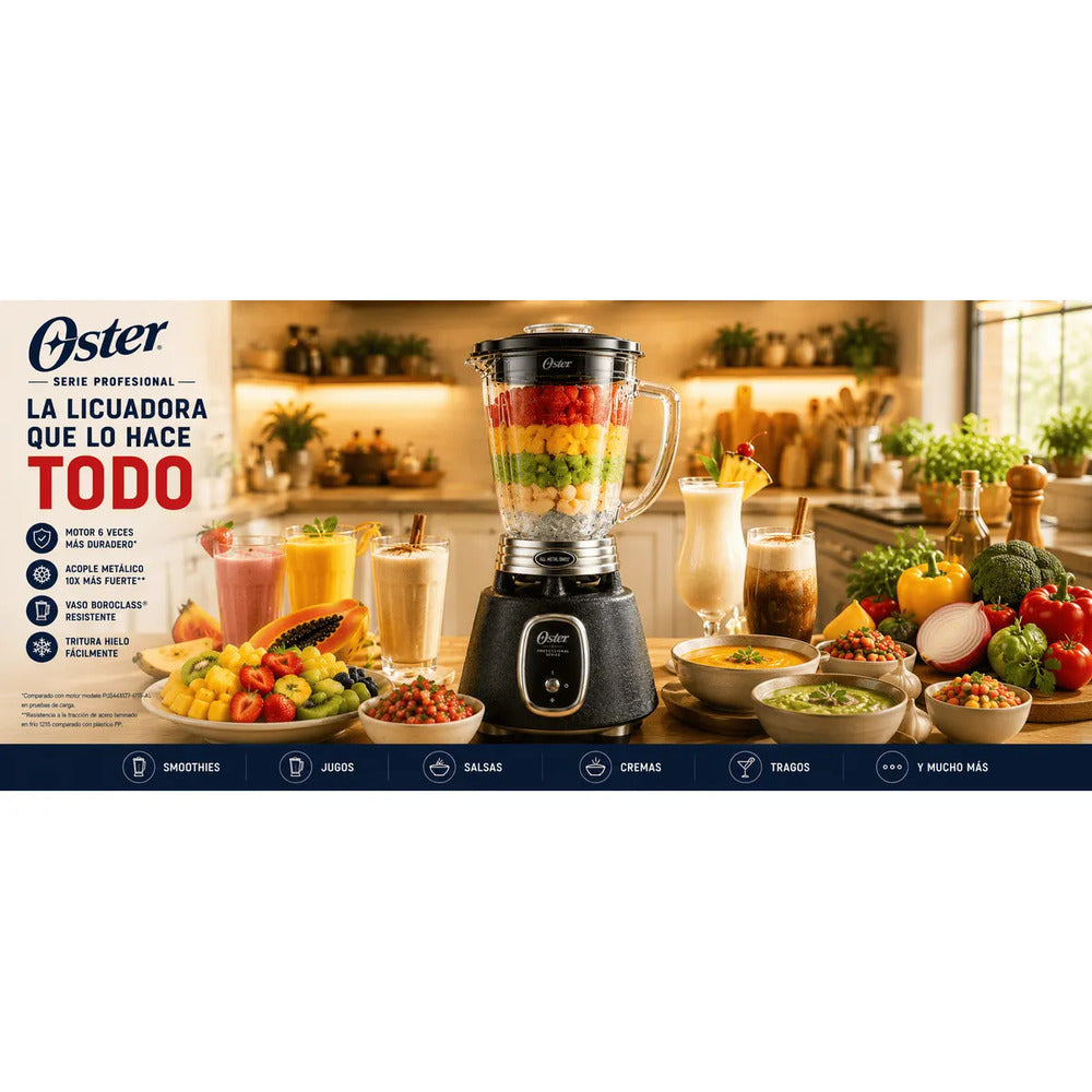 Licuadora Oster BLSTBPST Serie Profesional 1.5L 1000W Acople Metálico Trituradora de Hielo Negra