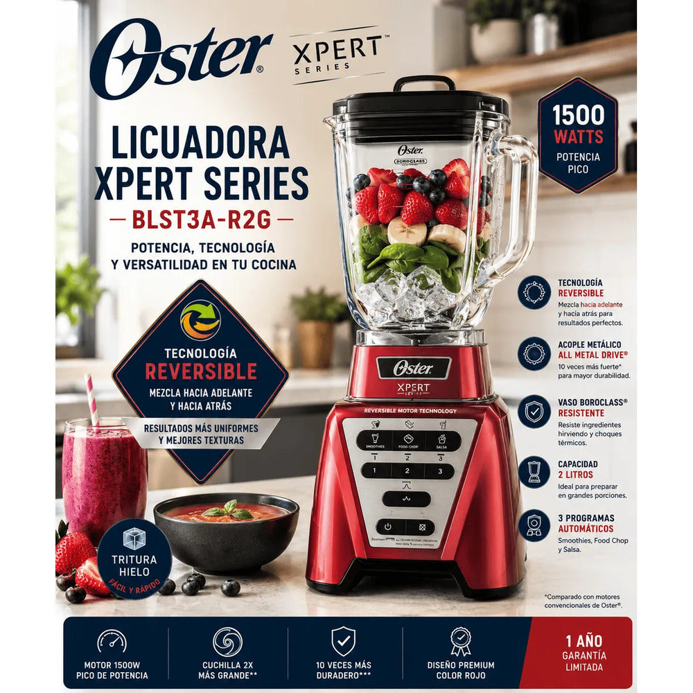 Licuadora Oster Xpert Series BLST3A-R2G 2L 1500W Roja con Tecnología Reversible y Vaso Boroclass