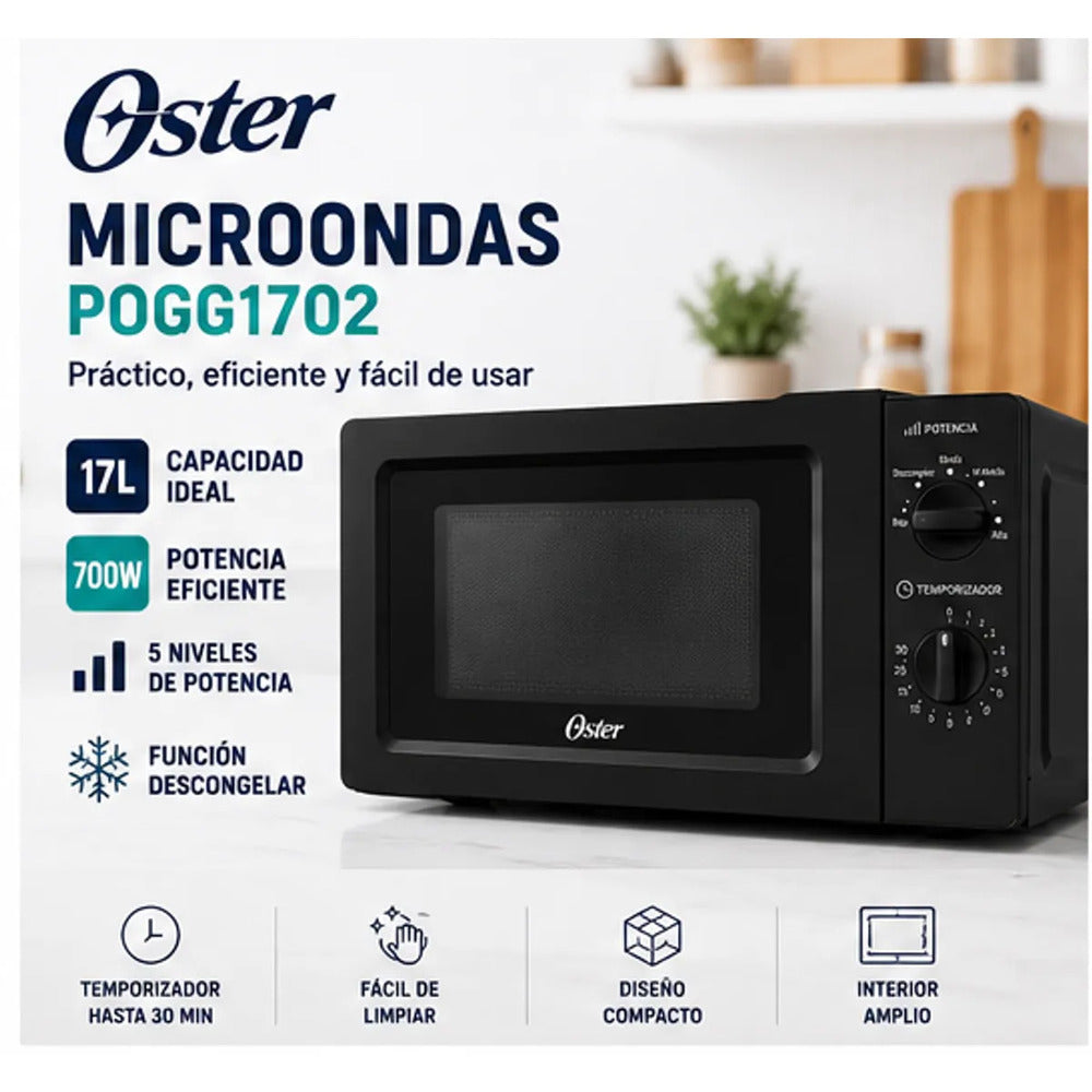 Microondas Oster 17 Litros POGG1702 Negro 700W 5 Niveles de Potencia Función Descongelar