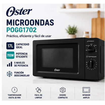 Microondas Oster 17 Litros POGG1702 Negro 700W 5 Niveles de Potencia Función Descongelar