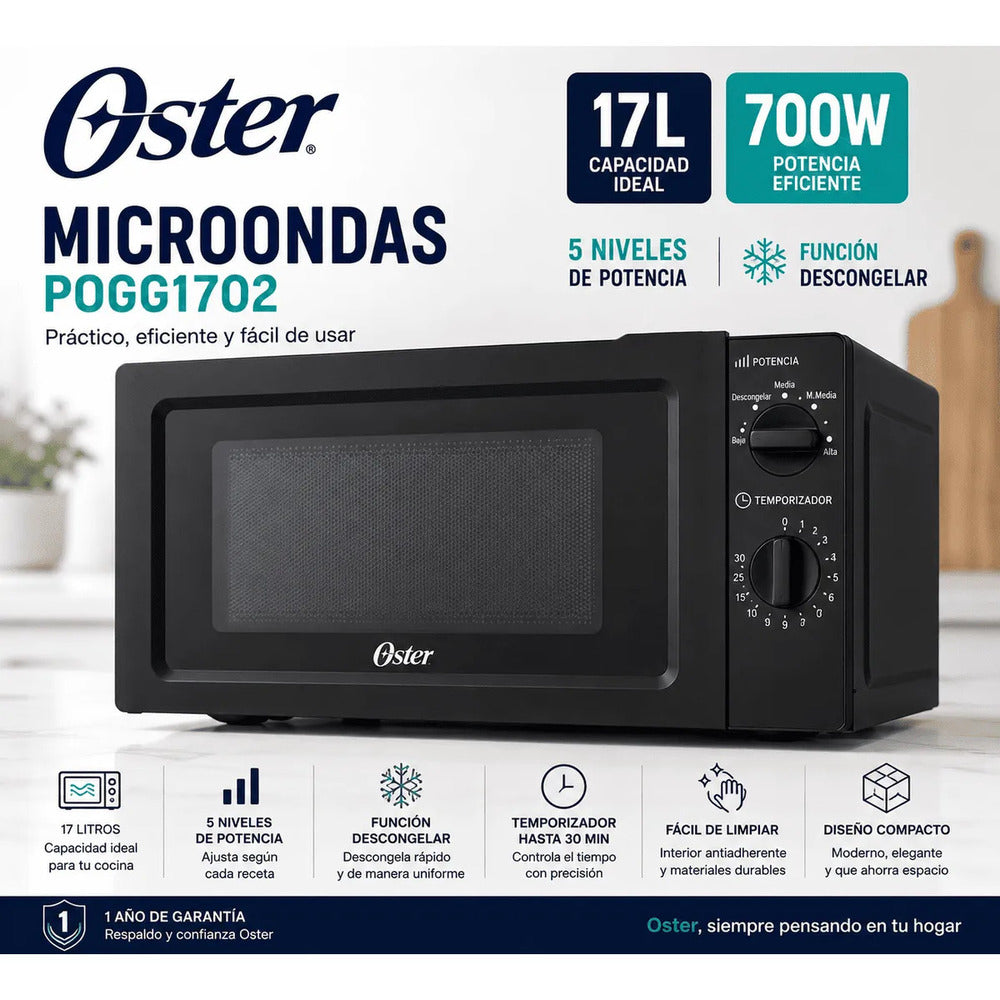 Microondas Oster 17 Litros POGG1702 Negro 700W 5 Niveles de Potencia Función Descongelar