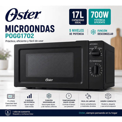 Microondas Oster 17 Litros POGG1702 Negro 700W 5 Niveles de Potencia Función Descongelar