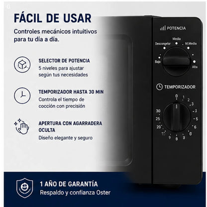 Microondas Oster 17 Litros POGG1702 Negro 700W 5 Niveles de Potencia Función Descongelar