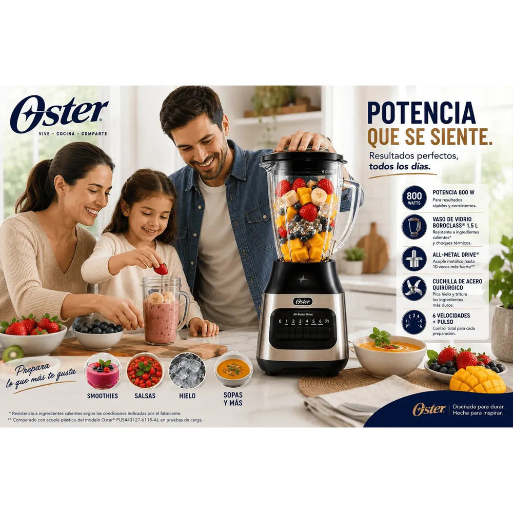 Licuadora Oster 800 W con Vaso de Vidrio 1.5 L, 6 Velocidades + Pulso BLSTPEG-NPB
