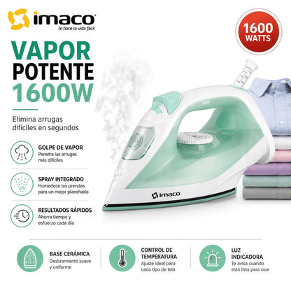 Plancha a Vapor Imaco ETA1615V 1600W Base Cerámica Verde con Spray y Golpe de Vapor