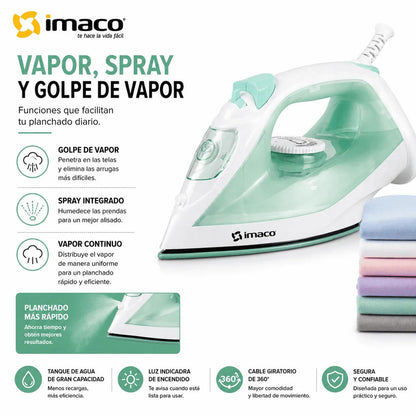 Plancha a Vapor Imaco ETA1615V 1600W Base Cerámica Verde con Spray y Golpe de Vapor