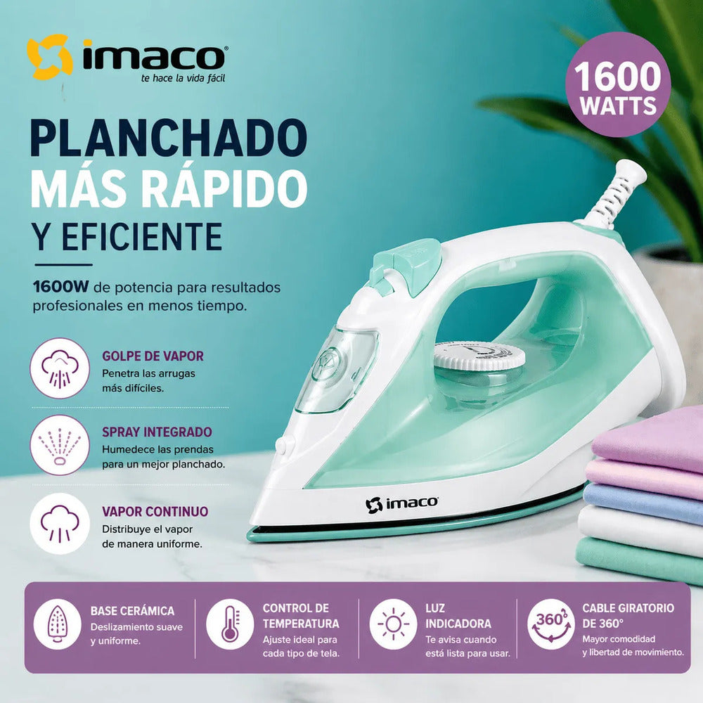 Plancha a Vapor Imaco ETA1615V 1600W Base Cerámica Verde con Spray y Golpe de Vapor