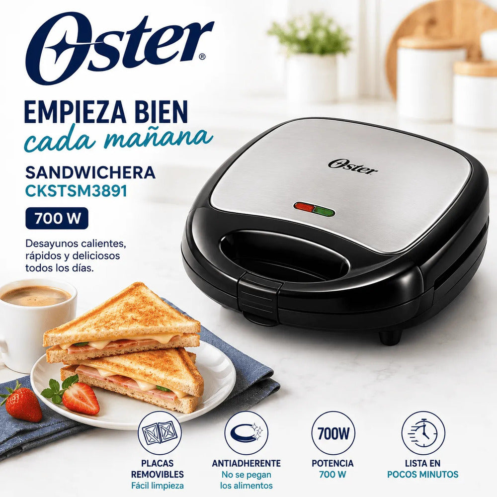 Sandwichera Oster CKSTSM3891 con Placas Removibles Antiadherentes 700W para 2 Sandwiches Original